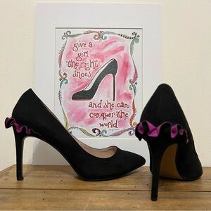 Betsey Johnson Dorthi Black Suede Ruffle Back Heels